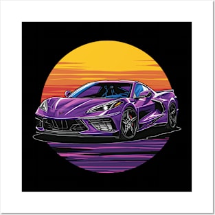 Purple C8 Corvette Stingray Parked In the Sunset Supercar Racecar Muscle Car Sportscar Corvette C8 Posters and Art